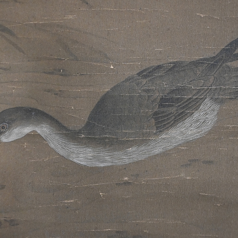 Chinese painting ‘Pair of Geese on a Pond’, signed Lin Liang