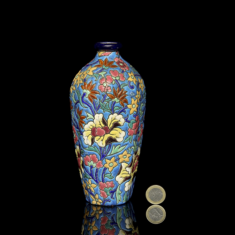 Longwy, hexagonal ceramic vase ‘Flowers’, early 20th century