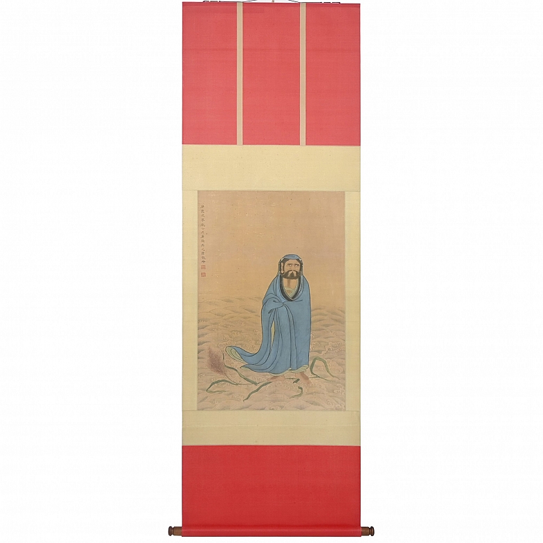 Pintura china “Bodhidharma sobre las olas”, con firma Yu Zhiding