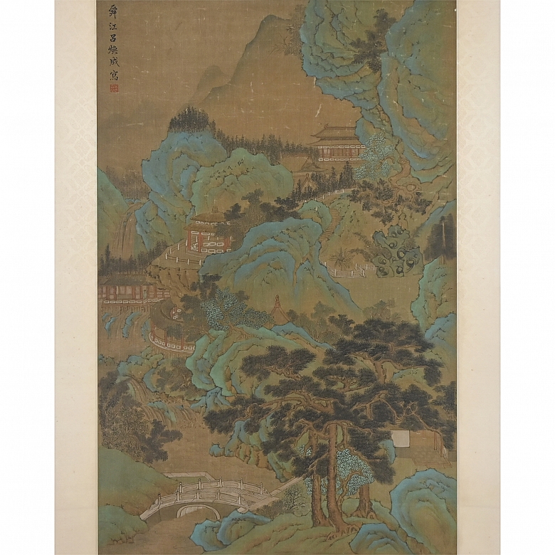 Pintura china “Paisaje con arquitecturas y puente”, con firma Lu Huancheng - 1