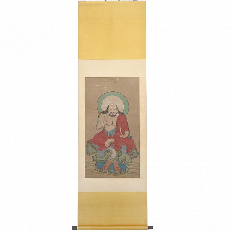 Chinese painting ‘Arhat sitting on a rock’, signed Ding Guanpeng