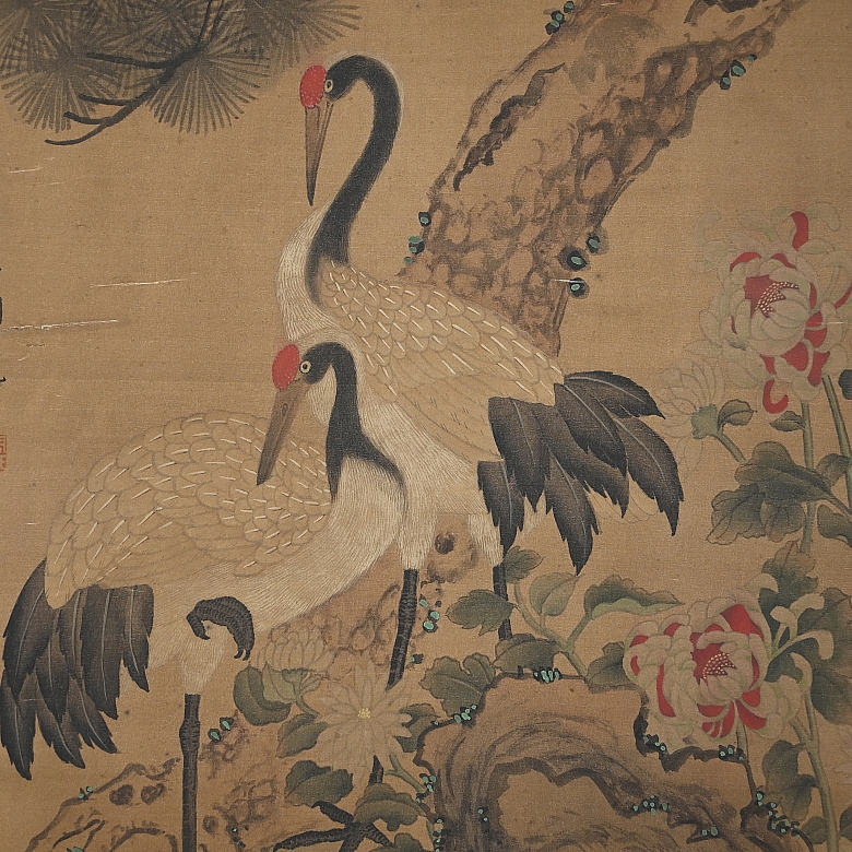 Chinese painting ‘Cranes with Flowers and Pine Tree’, signed Zhou Zhimian