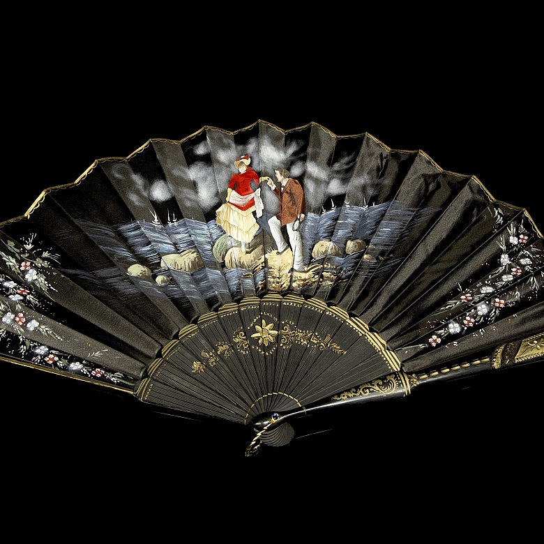 Abanico de seda negra y madera, s.XX