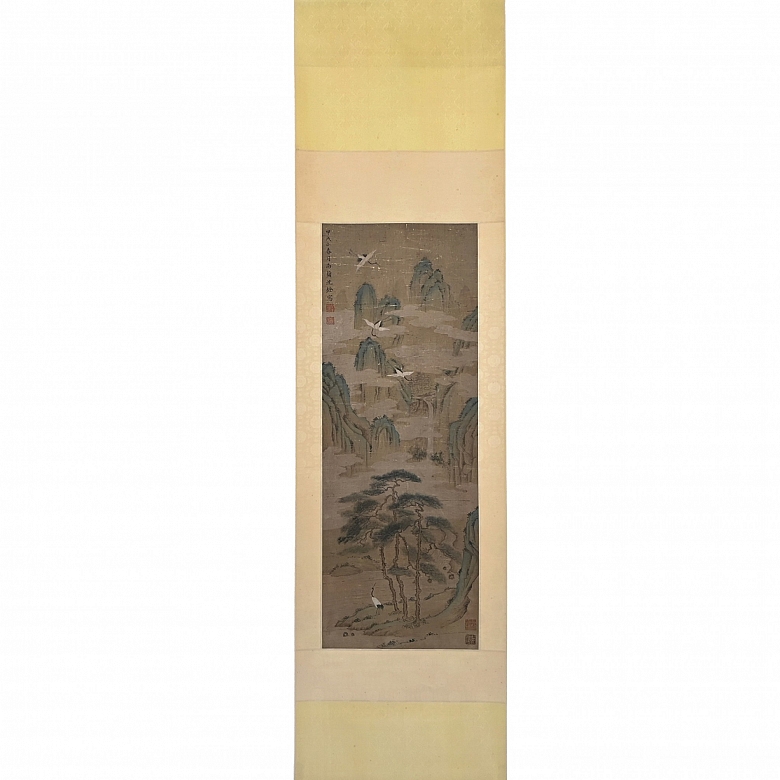 Chinese painting ‘Cranes and Pines’, signed Shen Quan