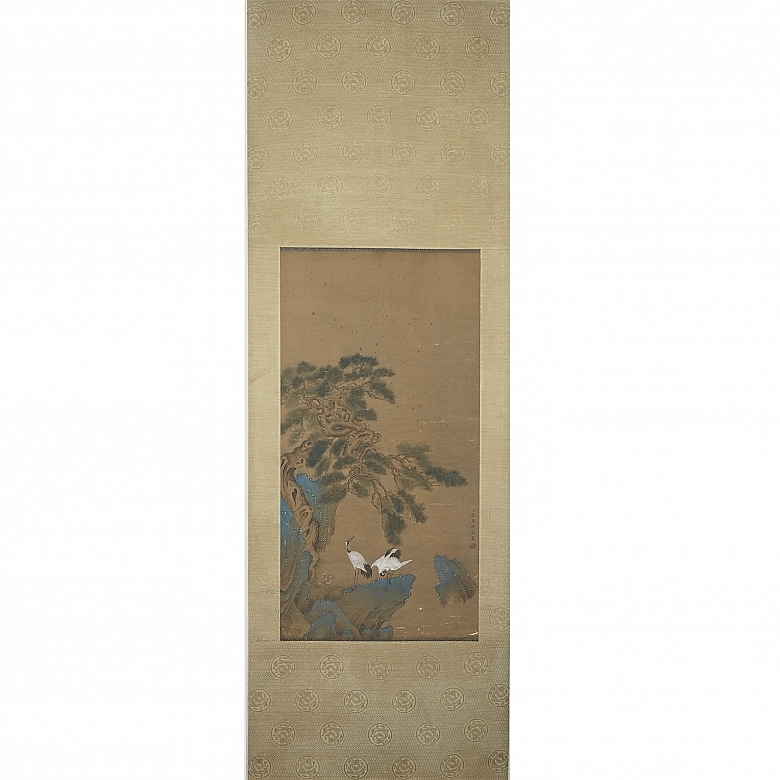 Chinese painting ‘Cranes under a pine tree’, signed Zhang Weibang
