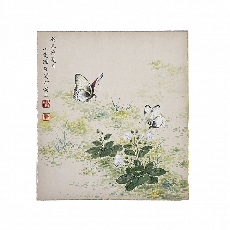 Chinese painting “Butterflies on flowers,” signed Lu Xiaoman