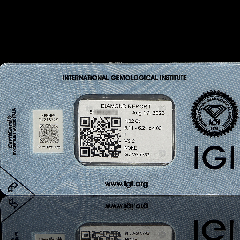 Diamante natural en talla brillante, 1.02 ct, certificado IGI