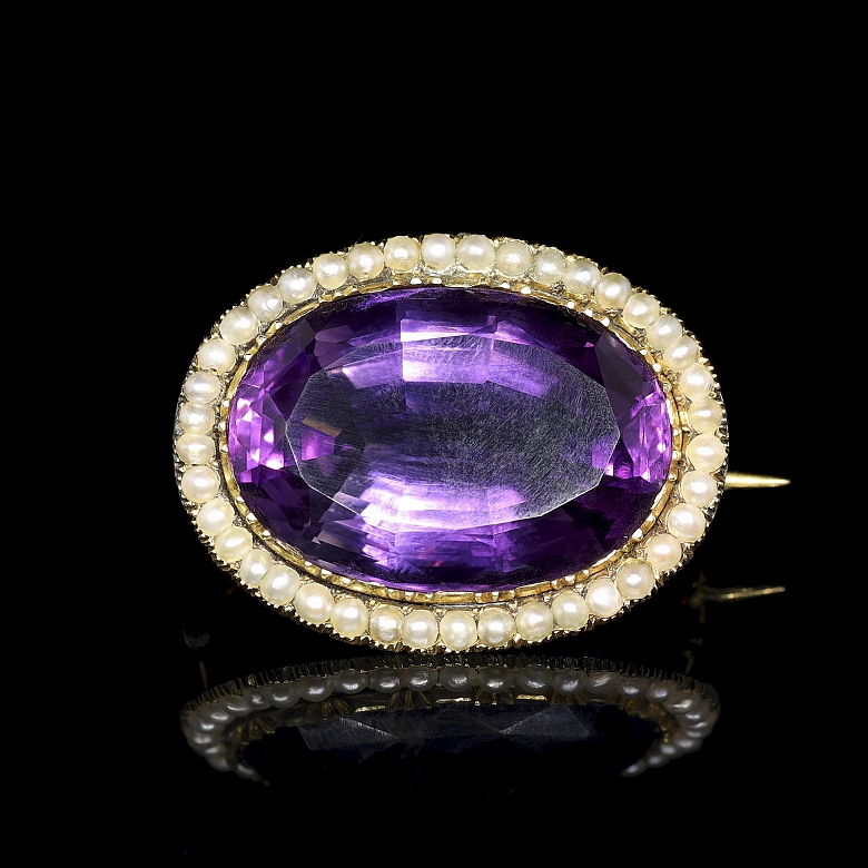 Broche de oro de 14 k con amatista y perlas, estilo Victoriano