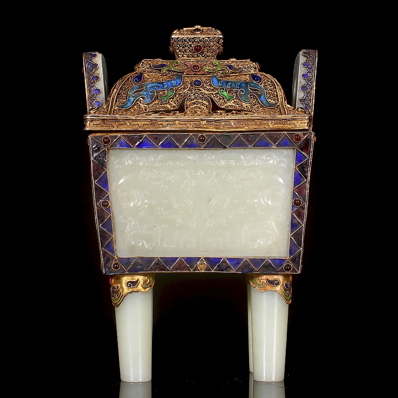 Incensario de jade blanco Hetian, plata y esmaltes, dinastía Qing