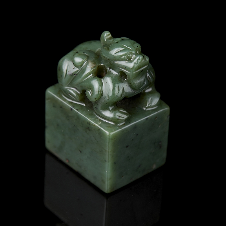 Spinach green jade seal ‘Mythical creature’, Qing dynasty