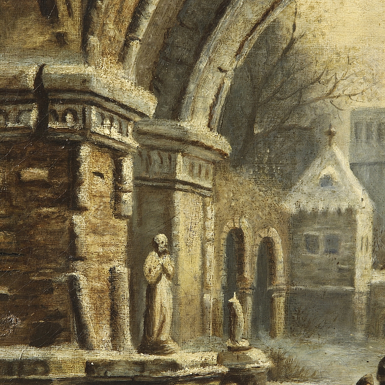 Virginie Viellard (19th-20th century) ‘Monks in the cloister in winter’