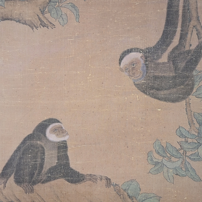 Pintura china “Monos entre ramas”, con sello Shen Zhenlin