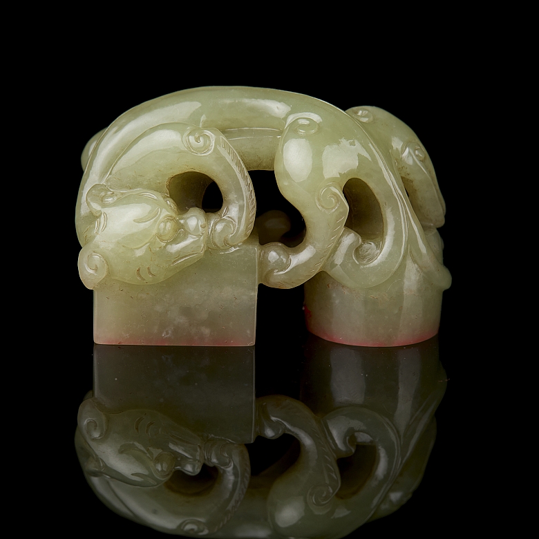 Sello doble de jade amarillo “Criatura”, dinastía Qing