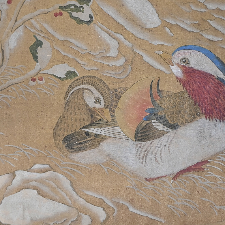 Pintura china “Patos mandarines bajo ciruelo en flor”, con firma Lu Zhi