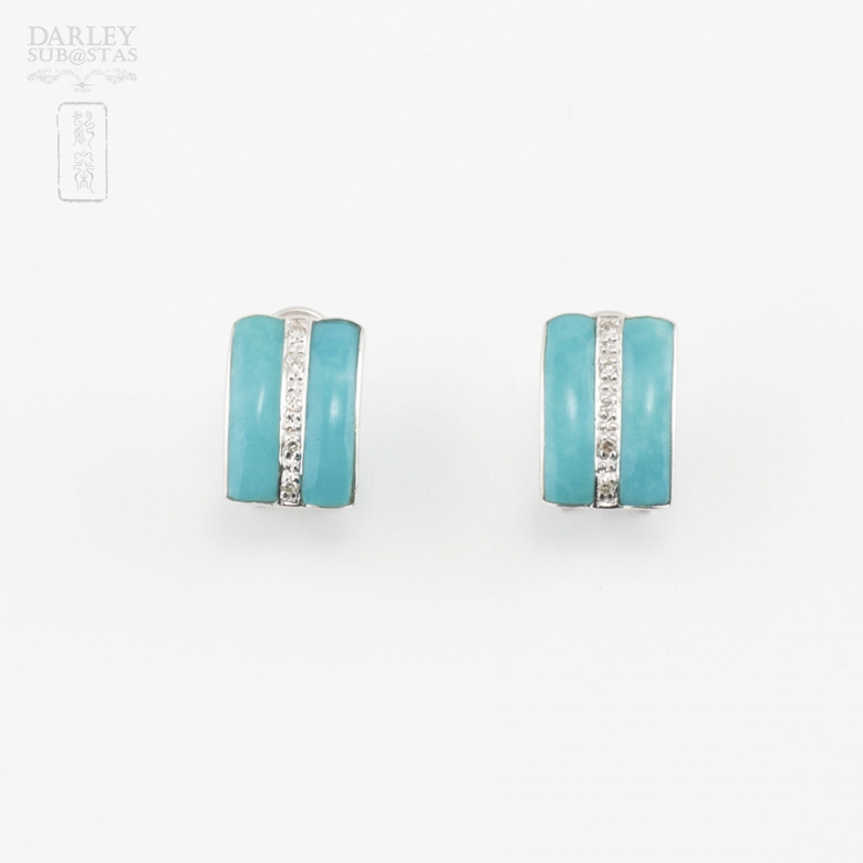 18k white gold earrings, natural turquoise and diamonds - 1