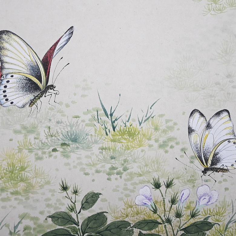 Chinese painting “Butterflies on flowers,” signed Lu Xiaoman