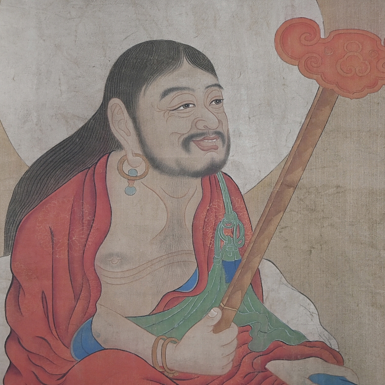 Pintura china “Deidad sobre elefante blanco”, con firma Jin Kun - 3