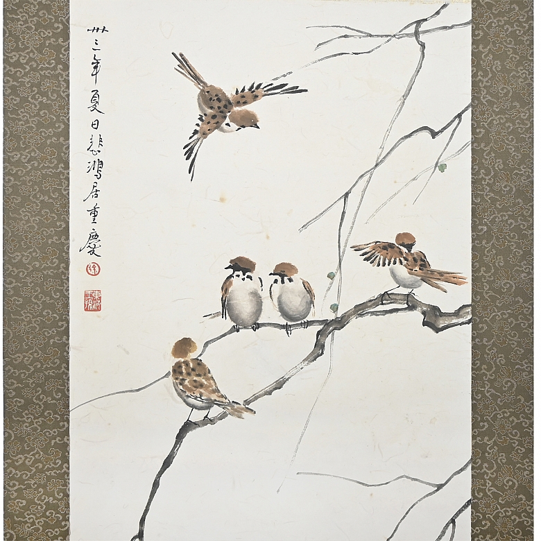 Chinese painting ‘Sparrows on Branches’, signed by Xu Beihong