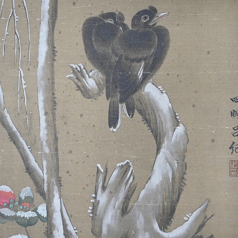 Chinese painting ‘Birds on snowy branches’, signed Lü Ji