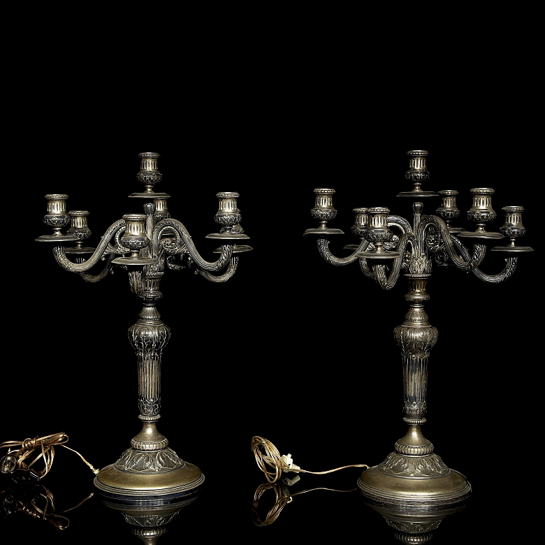 Pair of silver-plated metal candlesticks, 20th century