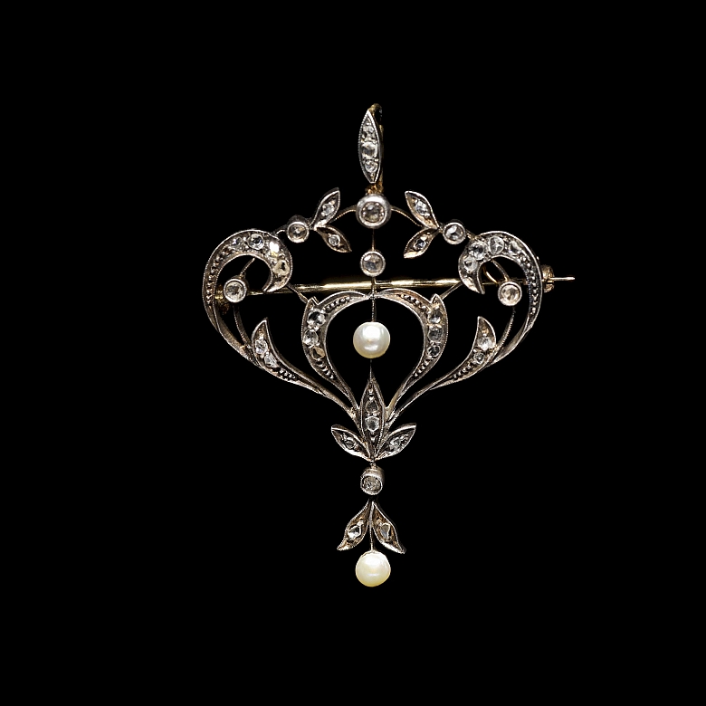 Broche de oro y plata con diamantes y perlas, estilo Eduardino