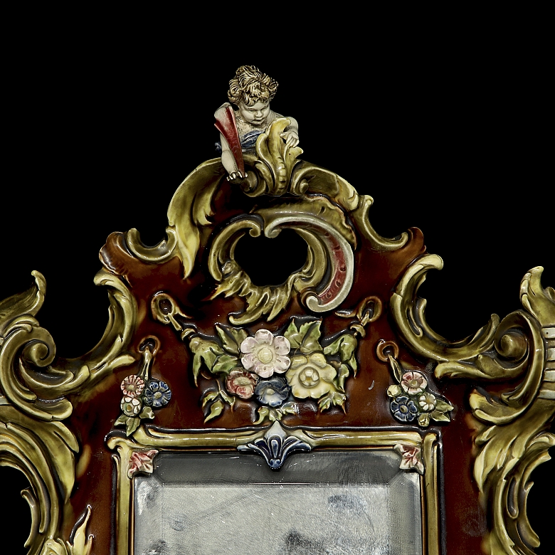 Baroque-style table mirror in bronze and porcelain, 19th century