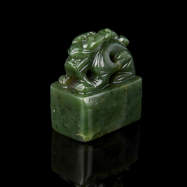 Spinach green jade ‘Mythological Dragon’ seal, Qing dynasty