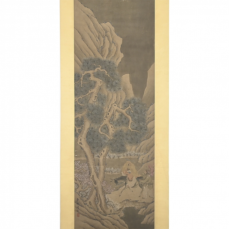 Pintura china “Sabio en paisaje rocoso”, con firma Zhou Chen - 1